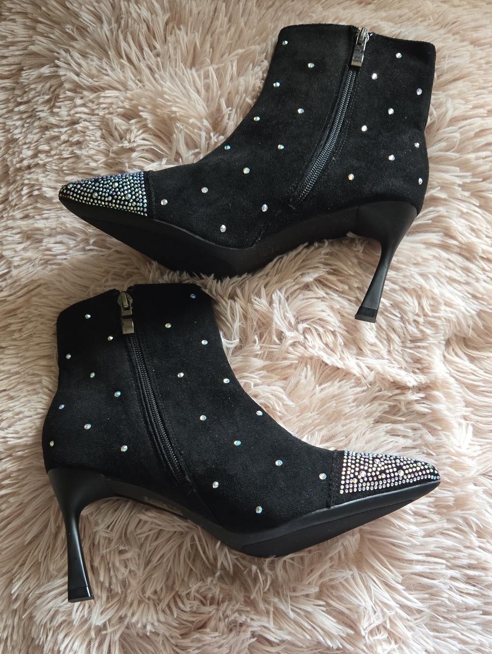 Black Rhinestone Pointed Toe Ankle Booties with Side Zip Size EUR 36